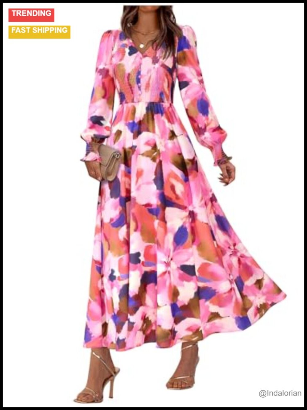 Women's Floral Boho Maxi Dress V-Neck Smocked Long Sleeve Semi-Formal Wedding
